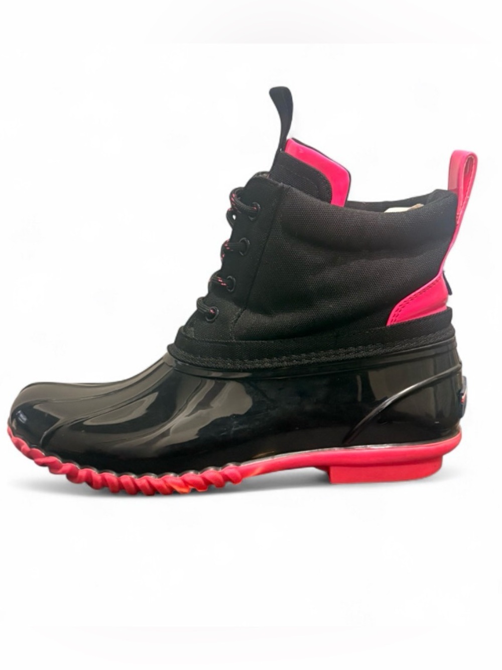 Tommy Hilfiger Black and Pink Glossy Waterproof Lace-Up Rain Boots